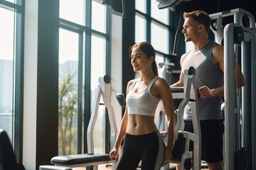 A man and a woman play sports in the gym with a personal trainer
