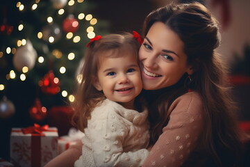 Fototapeta na wymiar New Year. Christmas. Family. Mom and her little daughter are hugging and smiling, a Xmas tree in the background at home.