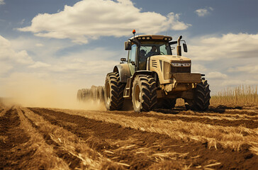 Farmer in tractor preparing land with seedbed cultivator before sowing