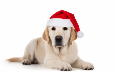 A dog in a Christmas hat with a pompom close-up. The Christmas dog.