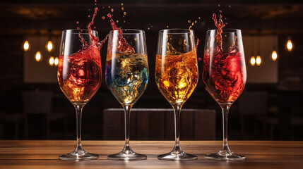 Festive Merry Christmas and Happy New Year illustration of four glasses with splashes of champagne. Wallpaper, background.