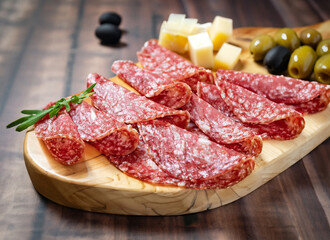 Obraz premium Salami with cheese and olives on a wooden board, tapas