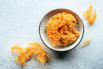 Irish sea moss, Chondrus Crispus, healthy organic raw seaweed, overhead flat lay shot