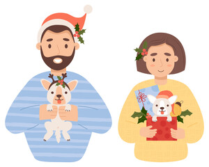 Cute Christmas gift. Happy couple woman and man with little puppy and New Year gifts. Vector illustration