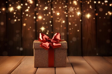 Christmas golden gift box with red ribbon against wooden bokeh background. Holiday greeting card