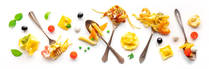 Various pasta forks panorama. Spaghetti, fusilli, penne and other shapes of pasta, with sauce, overhead flat lay shot on a white background - obrazy, fototapety, plakaty