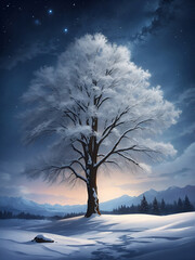 Peaceful winter landscape at night painted with watercolor: Beautiful frozen tree