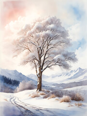 Peaceful winter landscape in pastel watercolors: Snowcapped deciduous tree in the mountains