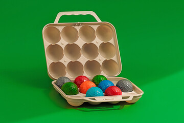 Set of colorful golf balls in box with golf club