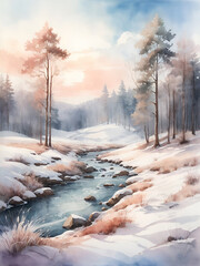 Peaceful winter landscape in pastel watercolors: A quiet river