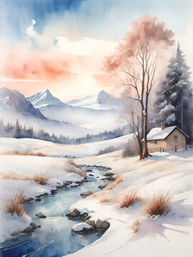  Peaceful winter landscape in pastel watercolors: Remote house next to a small river