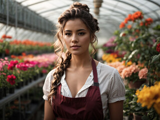 portrait of beautiful woman working in flower greenhouse
