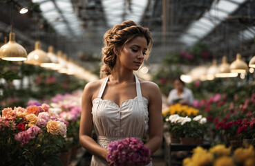 portrait of beautiful bride choosing flowers for her bouquet in flower greenhouse