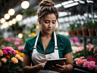 beautiful woman working in a flower greenhouse checking orders on the tablet