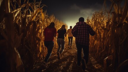A group of teenagers run away through a cornfield towards the light at night.