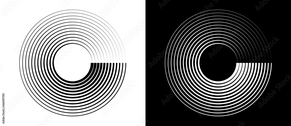 Wall mural Abstract background with lines in circle. Art design spiral as logo or icon. A black figure on a white background and an equally white figure on the black side.