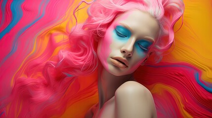 A woman with pink hair and blue closed eyelids shows her shoulder on an abstract rainbow background blending with her hair.