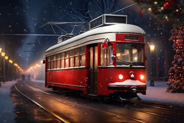 Fototapeta premium Winter city landscape with retro tram. Christmas and New Year greeting card