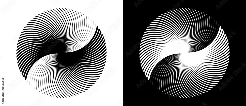 Poster Lines in circle abstract background. Dynamic transition illusion. Black shape on a white background and the same white shape on the black side.