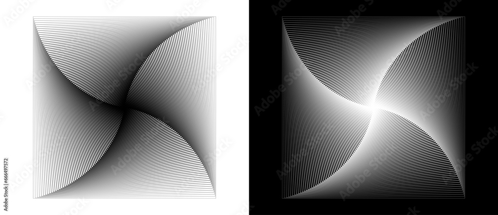 Poster Modern abstract background with squares in rotation. Design element or icon. Black shape on a white background and the same white shape on the black side.
