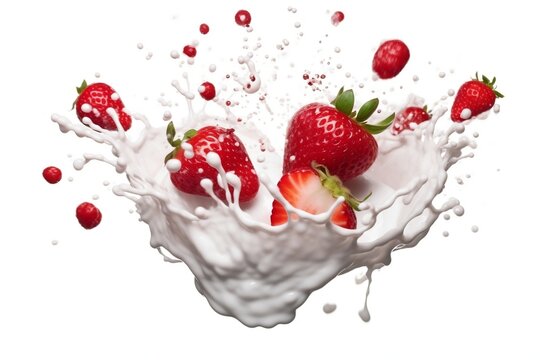 milk or yogurt splash with strawberries isolated on white background