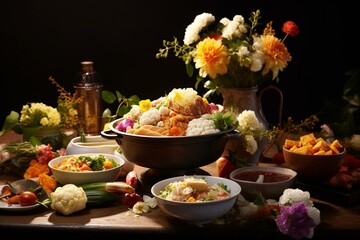 A diverse spread of various dishes placed in a bowl atop a table near a plate adorned with flowers. Generative AI