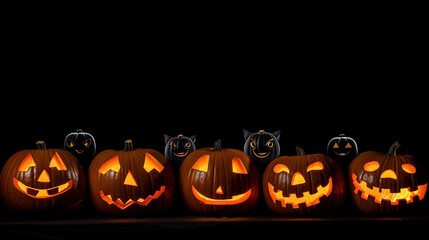 A row of carved pumpkins glowing in the dark placed on the table with small black devil pumpkins on them.