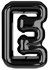 Glossy inflated black color letter E uppercase illustration. 3D render of latex bubble font with glint. Graphic type, typography, ABC clipart, alphabet