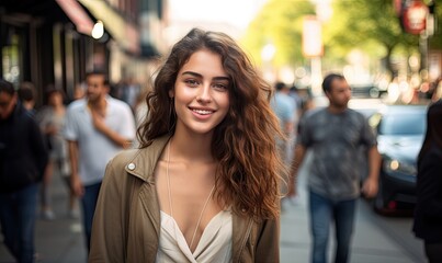 Photo of a woman standing in the middle of a bustling city street