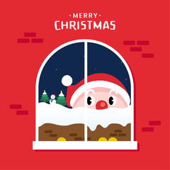 Christmas greeting card design. Vector illustrations for holiday post graphic with Santa Claus, Christmas tree, Snowman and snow house