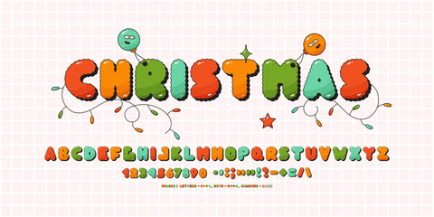 Font retro groovy Christmas. Alphabet color letters and numbers. Typography decorative symbols.