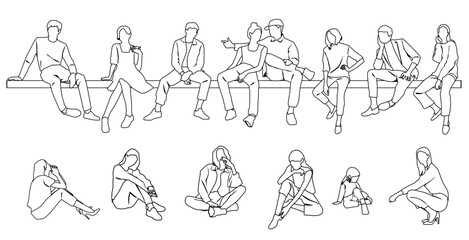Vector silhouettes of a man, woman and children sitting on a bench, linear sketch, a group of business people, black color on a white background
