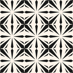 Fototapeta premium Abstract geometric seamless pattern. Modern black and white ornament with lines, diamonds, stars, grid, lattice, net, repeat tiles. Simple monochrome geo texture. Elegant geometrical background design