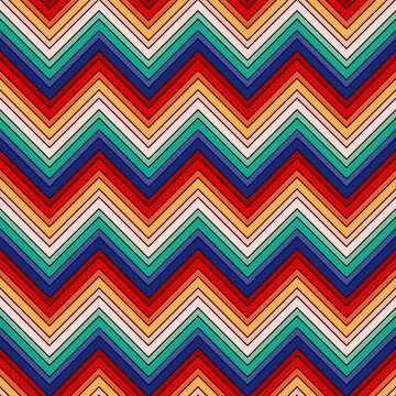 Vector chevron seamless pattern. Rainbow zigzag stripes texture. Simple background with lines, striped zig zag. Abstract geometric pattern. Funky childish design. Retro vintage style geo ornament