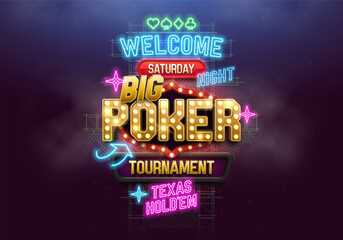 Poker tournament retro neon billboard. Shining casino banner with neon lights. Vector illustration.