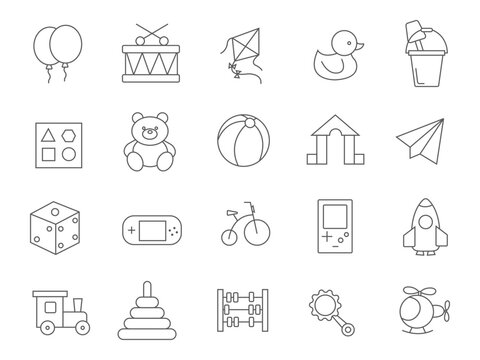 Toys. Children's toys. A set of linear icons. Vector image.