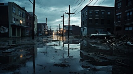Desolate Urban Deluge: Capture a wide-angle shot of a city street submerged under water, with abandoned vehicles and closed shop fronts, highlighting the severity of urban flooding
