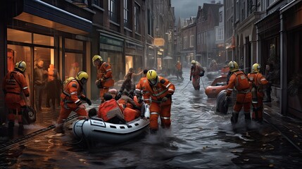 Evacuation Urgency: A street scene with emergency services evacuating residents in boats, focusing on human resilience and urgency - obrazy, fototapety, plakaty