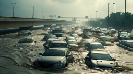 Highway Havoc: Capture the chaos of a flooded highway with stranded cars, emphasizing the disruption of daily life. 