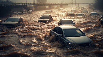Highway Havoc: Capture the chaos of a flooded highway with stranded cars, emphasizing the disruption of daily life.  - obrazy, fototapety, plakaty