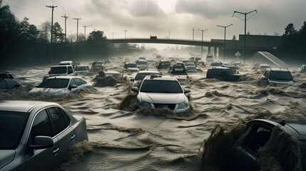 Highway Havoc: Capture the chaos of a flooded highway with stranded cars, emphasizing the disruption of daily life. 