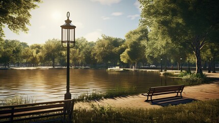 Parkland Pond: Capture a local park turned into a temporary pond, with lamp posts and benches partially visible, signifying community space loss