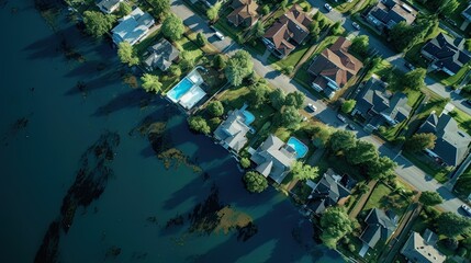 Submerged Suburbia: A drone shot overlooking a residential area completely submerged, with only rooftops and trees visible, indicating the extent of the flood, color palette with shades of blue