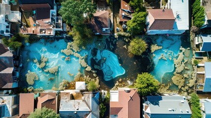 Fototapeta na wymiar Submerged Suburbia: A drone shot overlooking a residential area completely submerged, with only rooftops and trees visible, indicating the extent of the flood, color palette with shades of blue