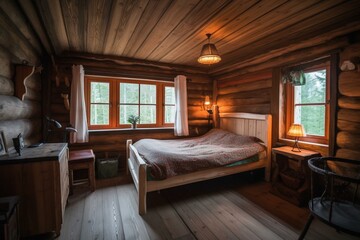 Cozy wooden bedroom inside chalet with forest view in wintry setting. Generative AI