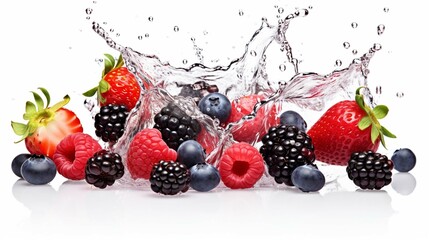 Mix berries smooth fruit with liquid plashing of Tropical fruits isolated