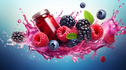 Mix berries smooth fruit with liquid plashing of Tropical fruits isolated 
