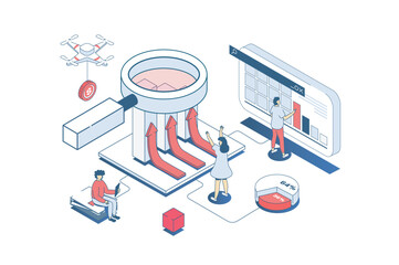 Data analysis concept in 3d isometric design. Analyst team working with graphs and charts, creating business reports, research analytics. Vector illustration with isometry people scene for web graphic