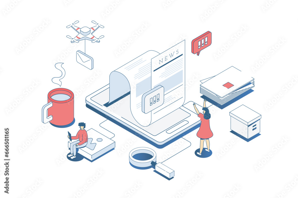 Leinwandbilder mobile news concept in 3d isometric design. man and woman reading breaking news and articles at onli
