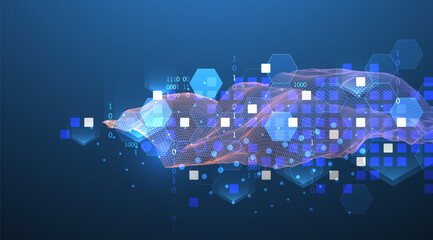 The abstract wave is made in a frame style in a bright gradient color. Template for science and technology presentation.